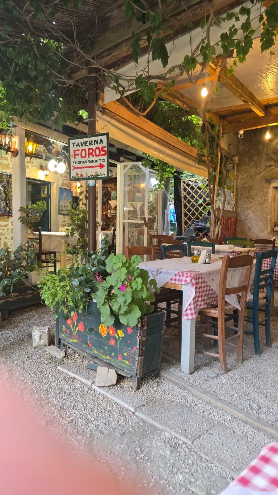The entrance to taverna O Foros under a vine, with a hand-painted sign